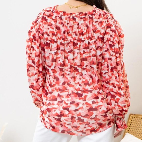 NWT Plus Size Rose & Pink Brushstroke Ruffle Collar Blouse Top - Picture 3 of 6